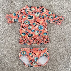 Ruffle Butts Floral Rashguard Set - Coral and Teal